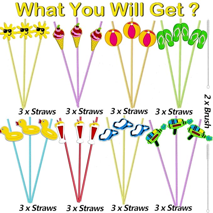 24 Pieces Beach Theme Reusable Plastic Drink Cocktail Straws Beach Ball Pool Summer Birthday Party Favor Decorations With 2 Cleaning Brushes 6 Colors Straws