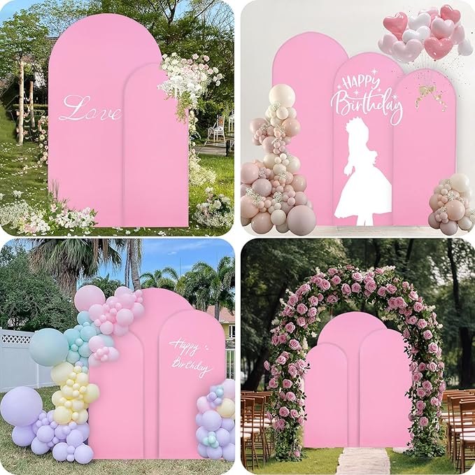 WEERRW Pink Arch Backdrop Cover Ballon Arch Stand Covers Set of 3 Spandex Fitted Round Top Chiara Stretchy Backdrop for Wedding Birthday Party Decoration(6FT, 6.6FT, 7.2FT)