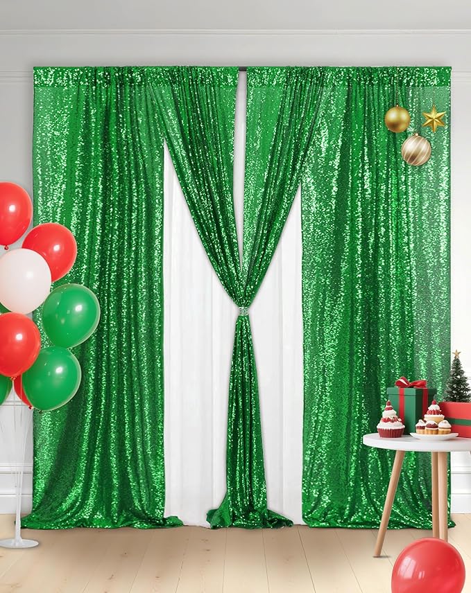 Eternal Beauty 4 PCS Sequin Backdrop Curtain, Sequin Wedding Backdrop for Christmas Party, Birthday (Green 2FTx8FT)