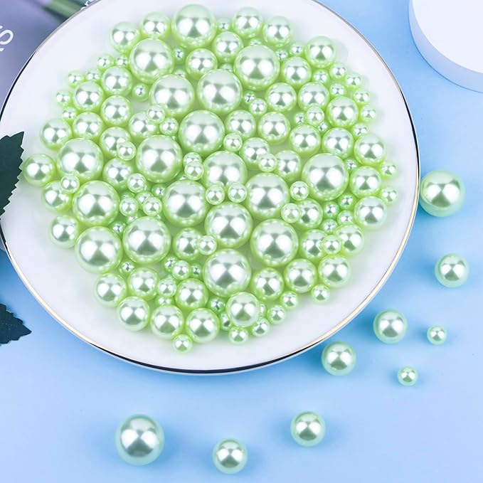 300Pcs Light Green Polished No Hole Faux Pearl Beads for Vase Filling Decorations, Plastic Pearls Vase Fillers, Table Scatters, Wedding Centerpiece, Home Decor, 8/14/20 mm
