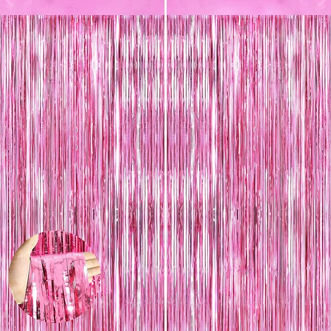 Pink Metallic Tinsel Foil Fringe Curtains, 2 Pack 3.3x8.3 Feet Party Streamer for Birthday Party Decorations, Halloween Decor, Foil Curtain Backdrop for Bachelorette Party