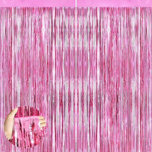 Pink Metallic Tinsel Foil Fringe Curtains, 2 Pack 3.3x8.3 Feet Party Streamer for Birthday Party Decorations, Halloween Decor, Foil Curtain Backdrop for Bachelorette Party