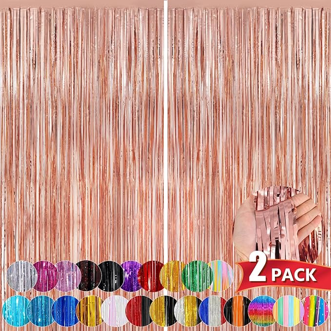 Rose Gold Metallic Tinsel Foil Fringe Curtains, 2 Pack 3.3x8.3 Feet Party Streamer for Birthday Party Decorations, Halloween Decor, Foil Curtain Backdrop for Bachelorette Party