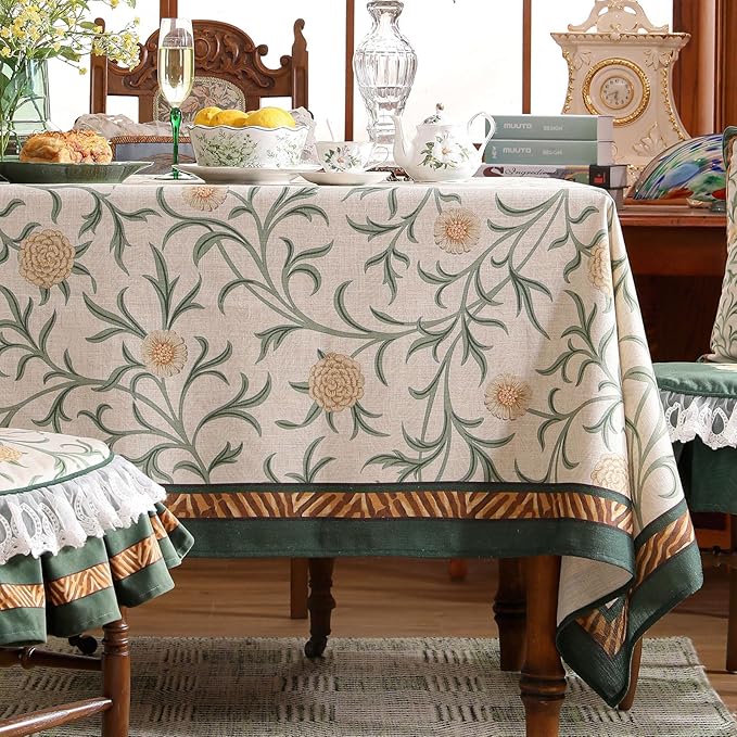 patdrea Designer French Linen Table Cloth for Rectangle Table,Vintage Fall Decorative Tablecloth,Floral Decoration Cover for Kitchen Dining Christmas,Tea Party,Thanksgiving,55"x71"-Littledaisy