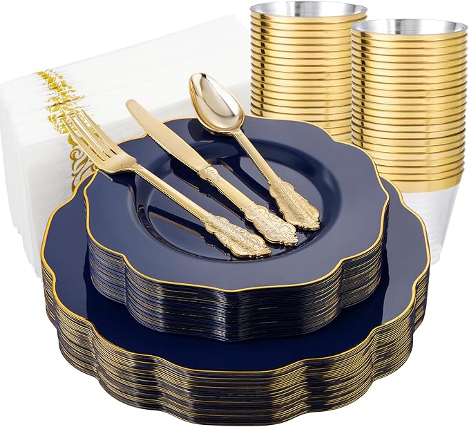 NOCCUR 175PCS Blue Plastic Plates with Disposable Silverware - Include 50 Blue Disposable Plates with Gold Rim,75 Gold Cutlery,25 Cups,25Napkins for Party/Hanukkah/Thanksgiving