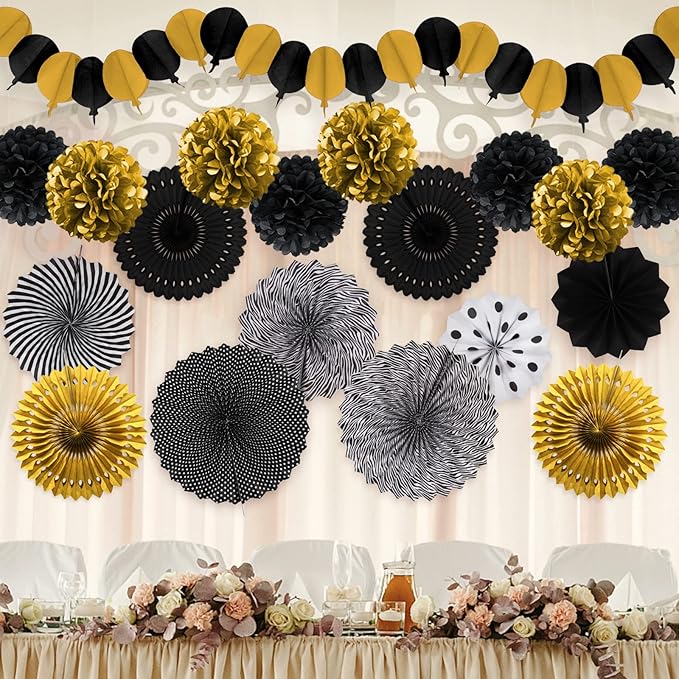 Black and Gold Decorations, Paper Pompoms Fan for Graduation Birthday Wedding Prom Night New Years Black and Gold Party Decorations