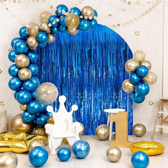 Blue Metallic Tinsel Foil Fringe Curtains, 2 Pack 3.3x8.3 Feet Party Streamer Curtains for Birthday Party Decorations, Halloween Decor, Foil Curtain Backdrop for Bachelorette Party