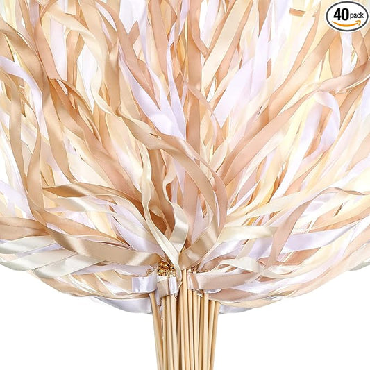 Boao 40 Pieces Mixed Color Ribbon Sticks with Bell, Ribbon Sticks for Stick Party, Streamers for Wedding Birthday Party Celebration Baby Shower Favors(White, Beige, Champagne)