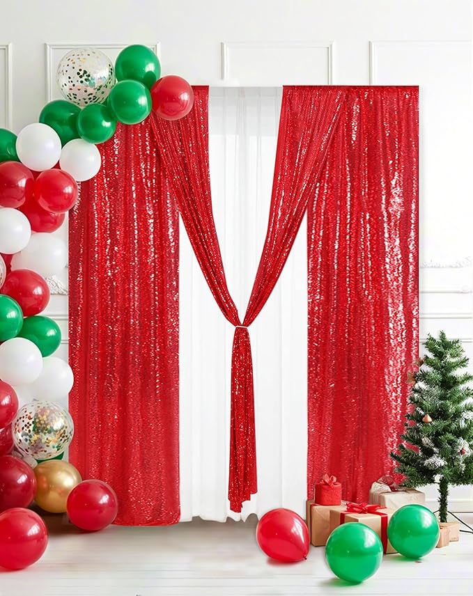 Eternal Beauty Red Sequin Backdrop Curtains, Shimmer Back Drop 4Panels-2FTx8FT for Christmas, Party, Birthday, Photography, Wedding, Baby Shower Event Decoration