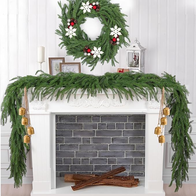 Hananona 2 Pcs 6 Ft Artificial Norfolk Pine Garlands, Real Touch Winter Pine Garland, Green Artificial Greenery Garland for Table, Mantle, Wall, Indoor, Outdoor Christmas Decorations (2, 6 FT)