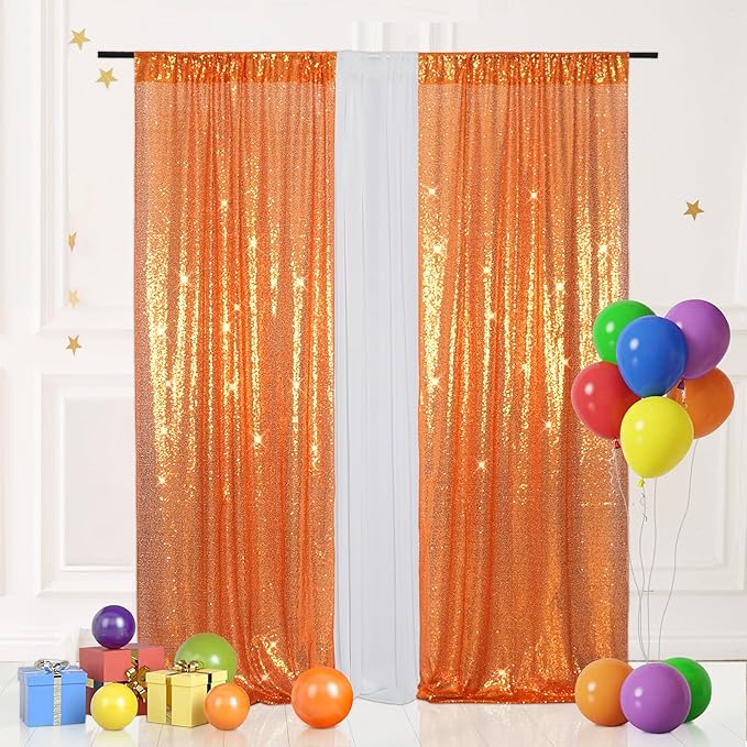 Eternal Beauty 2 PCS Sequin Backdrop Curtain, Halloween Sequin Wedding Backdrop for Christmas Party, Birthday (Orange 2FTx8FT)