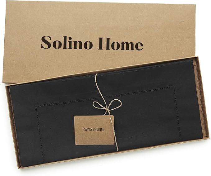 Solino Home Black Table Runner 108 Inches Long - Cotton Linen Hemstitch 14 x 108 Inch Table Runner for Dining, Fall, Autumn, Halloween, Thanksgiving, Holiday