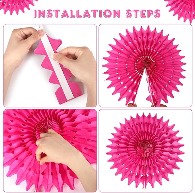 12PCS Paper Fans Hot Pink Party Decorations Tissue Paper Flowers Decorations for Girl Groovy Birthday Baby Shower Wedding Bachelorette Room Wall Hanging Décor