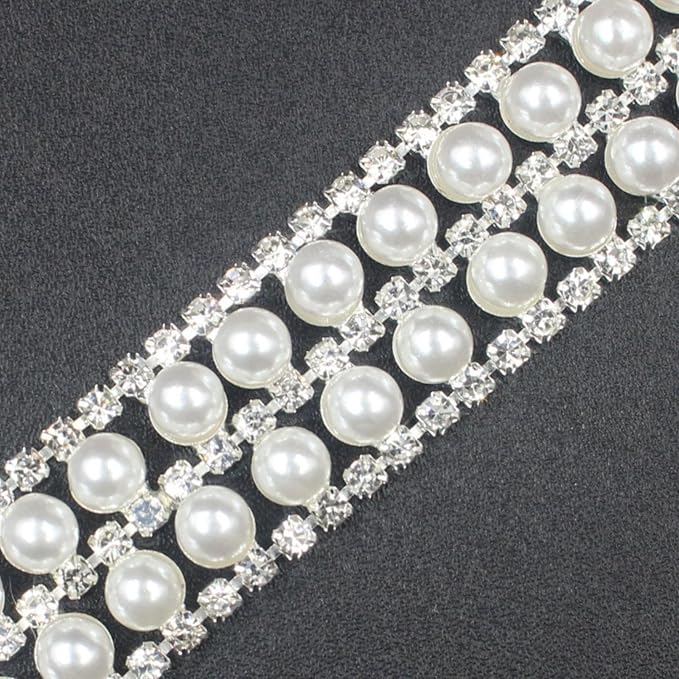 PEARLY JUN 1 Yard Pearl Rhinestone Trim Chain Silver Crystal Fringe Diamond Applique Ribbon String Tassel Strip for Sewing Wedding Dress Crafting Crafts Flower Embellishments
