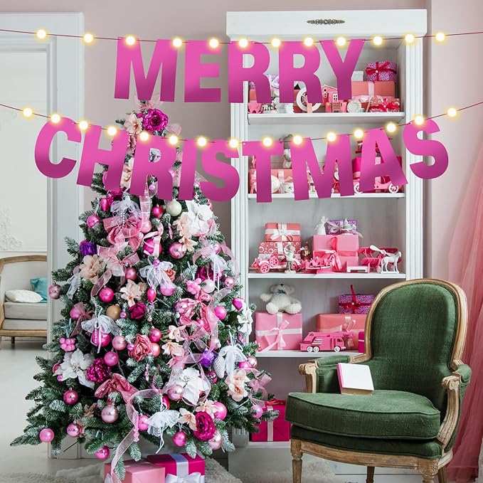 TaoBary 112 Pcs DIY Letter Kit Glitter Customizable Banner Letters Include 107 Letters and Numbers 3 Rope and 2 Needles for Birthday Halloween Christmas Wedding Valentine Party Decor(Bright Pink)