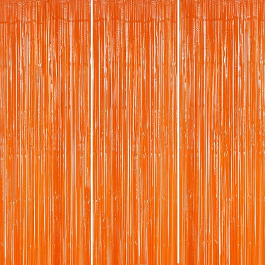 3 Pack Foil Fringe Backdrop - Orange Shiny Tinsel Curtains for Party Decoration/Photo Booth Props - 3.3x8.2 FT Metallic Foil Backdrop for Birthday, Wedding, Graduation, Christmas.