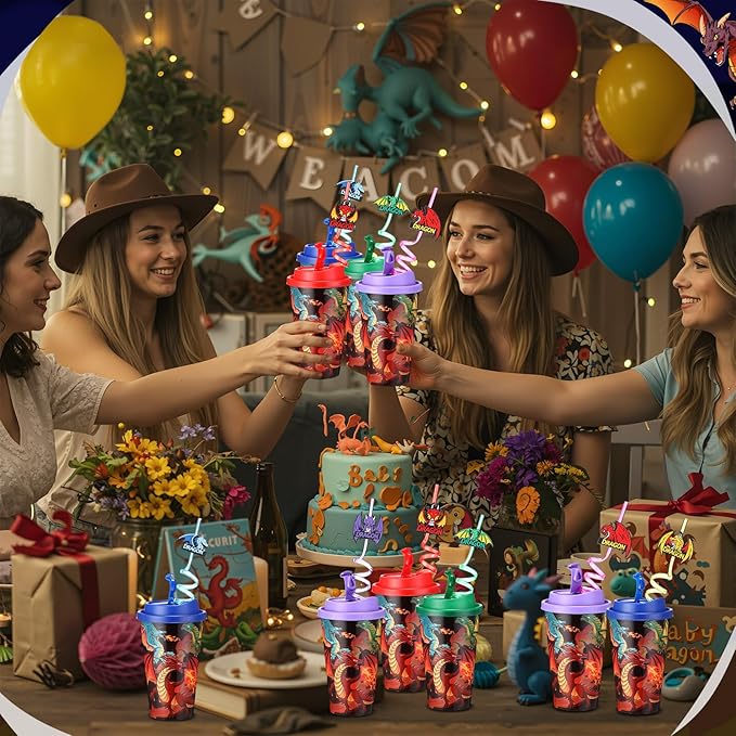 Yungyan 36 Sets Dragon Party Favors Goodie Cups with Lids and Straws for Birthday Decorations Reusable 16oz Plastic Candy Cups Plastic Straws for Birthday Party (Dragon)