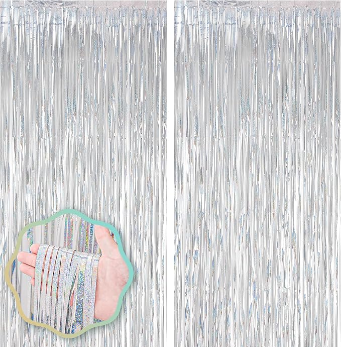 2 Pack Laser Silver Foil Fringe Backdrop Curtains, Tinsel Streamers Birthday Party Decorations, Fringe Backdrop for Graduation, Baby Shower, Gender Reveal, Disco Party