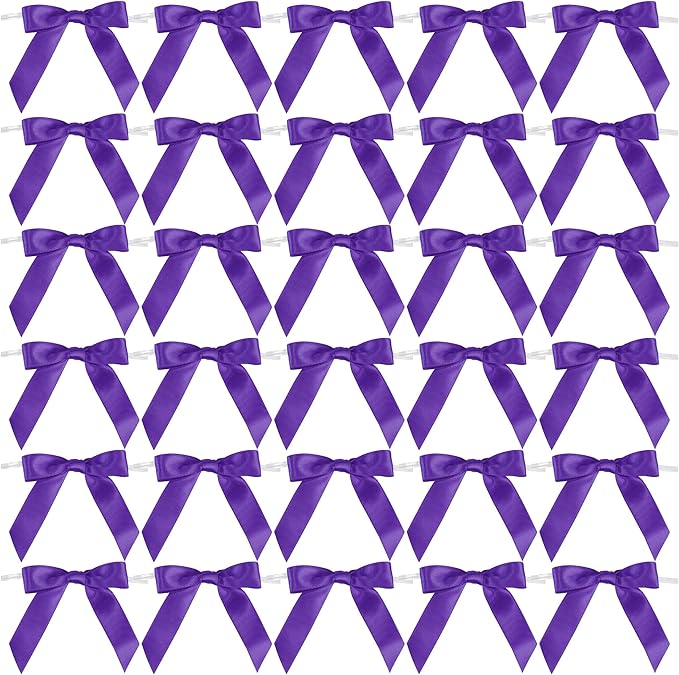AIMUDI Small Purple Bows for Christmas Tree 2.5" Pre Tied Satin Ribbon Twist Tie Bows for Treat Bags Premade Mini Bows for Crafts Ribbon Bows for Gift Wrapping Halloween Party Favors - 50 Counts