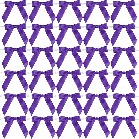 AIMUDI Small Purple Bows for Christmas Tree 2.5" Pre Tied Satin Ribbon Twist Tie Bows for Treat Bags Premade Mini Bows for Crafts Ribbon Bows for Gift Wrapping Halloween Party Favors - 50 Counts