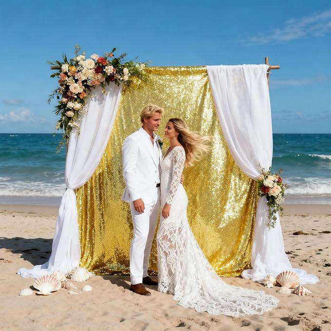 VOK Gold Sequin Backdrop Curtains 2 Panels 2FTx8FT Glitter Photography Background for Wedding Birthday Christmas Party Decorations