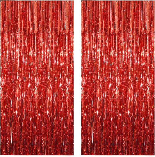 Red Foil Fringe Curtain 3.3×8.3FT 2 Packs, Metallic Tinsel Curtains Party Streamers for Birthday Graduation Baby Shower Decoration (2pcs,3.3FT×8.3FT, Red)