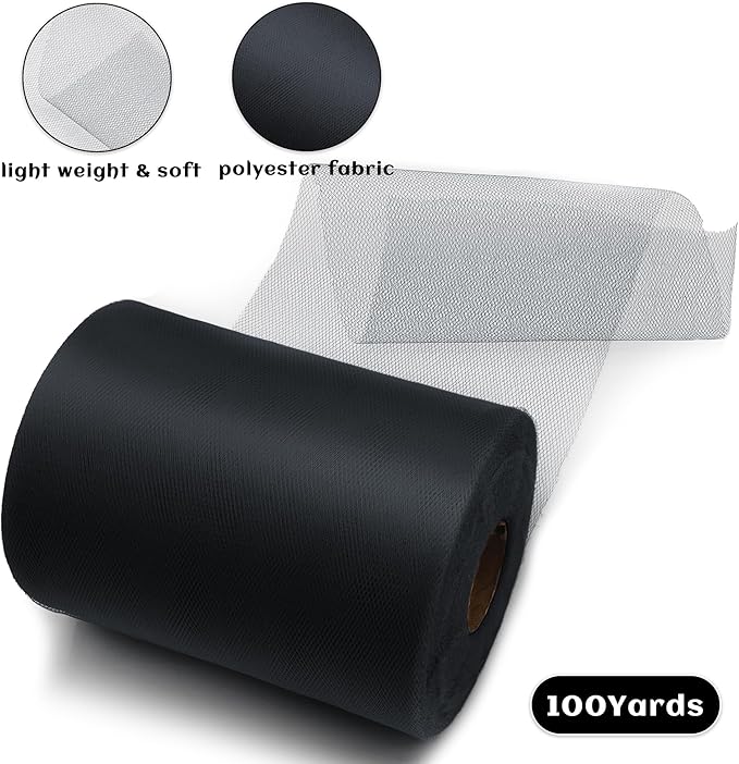 6 Inch × 100 Yards(300 Feet) Tulle Mesh Ribbon Black Tulle Fabric Ribbon Roll Netting Spool for Tutu Skirt DIY Craft Wedding Decor Party Gift Wrapping Ornaments