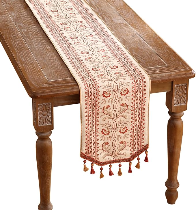 ISAENNE Designer Vintage Linen Table Runner 102 Inches Long,Red Floral Pattern Modern Decor Table Runners for Dining Tables,Thanksgiving,Kitchen Tables,Christmas,Banquet,12"*102"-Chamonix A