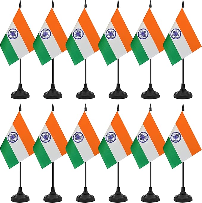 12 Pack India Desk Flag Set, Indian Table Office Flag, Small Miniature Desktop Flag With Black Pole and Black Base, Classroom, Offices Meeting Desk Decoration (India)