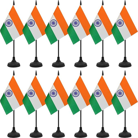 12 Pack India Desk Flag Set, Indian Table Office Flag, Small Miniature Desktop Flag With Black Pole and Black Base, Classroom, Offices Meeting Desk Decoration (India)
