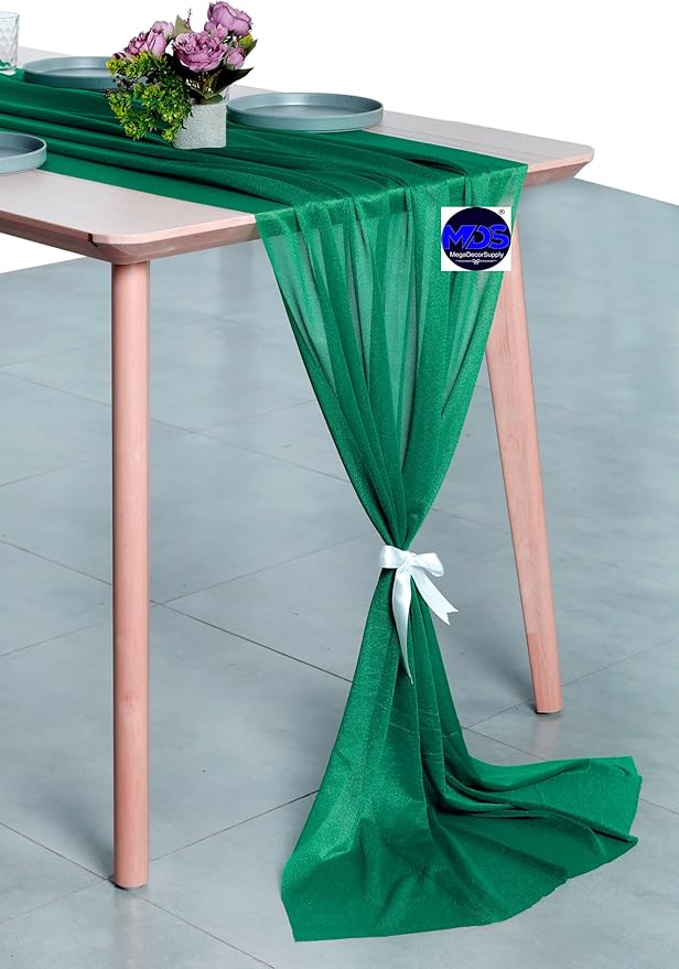 MDS 2 Pack 14ft Chiffon Table Runner 29 x 170 Inches Sheer Wedding Runner Romantic Rustic Table Runner for Wedding Decorations, Birthday Parties, Bridal Shower Party Arch Decor - Emerald Green