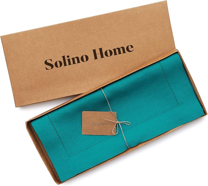 Solino Home Linen Hemstitch Table Runner 90 Inches Long - 100% Pure Linen Teal Table Runner 14 x 90 Inch for Fall, Autumn, Thanksgiving, Christmas - Classic Hemstitch