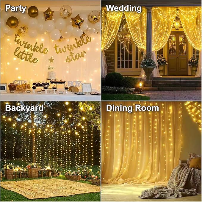 HXWEIYE 300LED Fairy Curtain Lights, 9.8x9.8Ft USB Plug-in 8 Modes Christmas String Hanging Lights with Remote for Bedroom Backdrop Wedding Party Indoor Wall Decor, Warm White