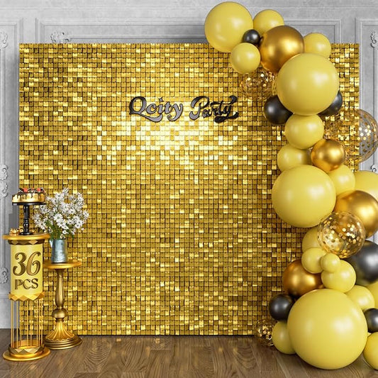 Qcity Gold Shimmer Wall Backdrop 36PCS, Black Back Not See-Through Design, Square Sequin Glitter Backdrop Panel, Perfect for Outdoor Events, Birthdays, Wedding and Party Decoration