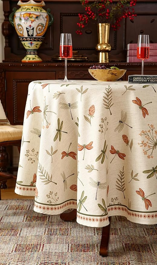 ISAENNE Designer Floral Linen Round Tablecloth,French Off White Elegant Table Cloth,Fall Washable Home Decor Tablecloths for Dining Thanksgiving Kitchen Christmas Party,Diameter 67"-Grace B