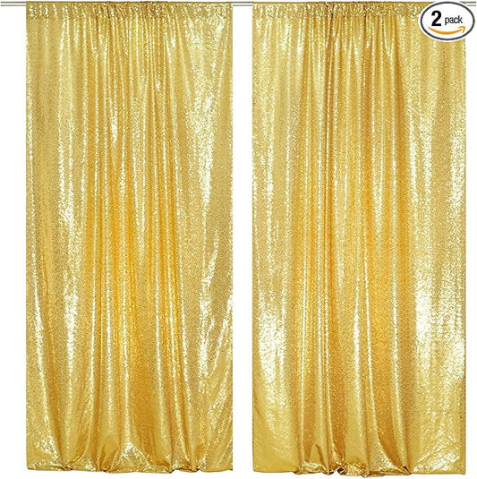 SquarePie Sequin Backdrop Curtain 8FT x 10FT Gold Satin Backing Fabric Photography Background for Wedding Patry 4FT x 10FT 2 Panels