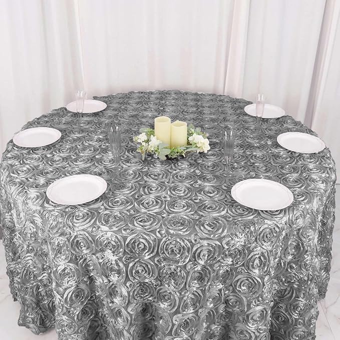 Efavormart 120" Wholesale Round Table Cover Silver Grandiose Rosette 3D Satin Tablecloth for Wedding Party Event Decoration