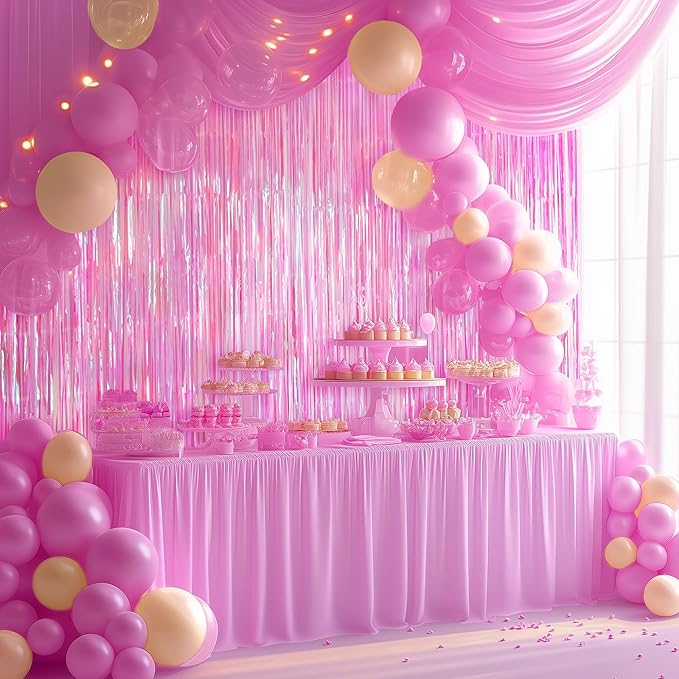 2 Pack Hot Pink Iridescent Streamers Backdrop, 3.3x6.6ft Foil Fringe Curtains Holographic Door Tinsel Streamers Photo Booth Prop for Birthday, Wedding, Holiday, Bachelorette, Theme Party Decorations