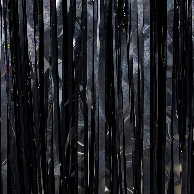 PartyWoo Black Streamers Tinsel Backdrop Curtain 3pcs 8.2ft Foil Fringe Curtain for Black History Month Juneteenth Gothic Wedding Retirement Halloween Cow Print Theme Party Celebration Decorations