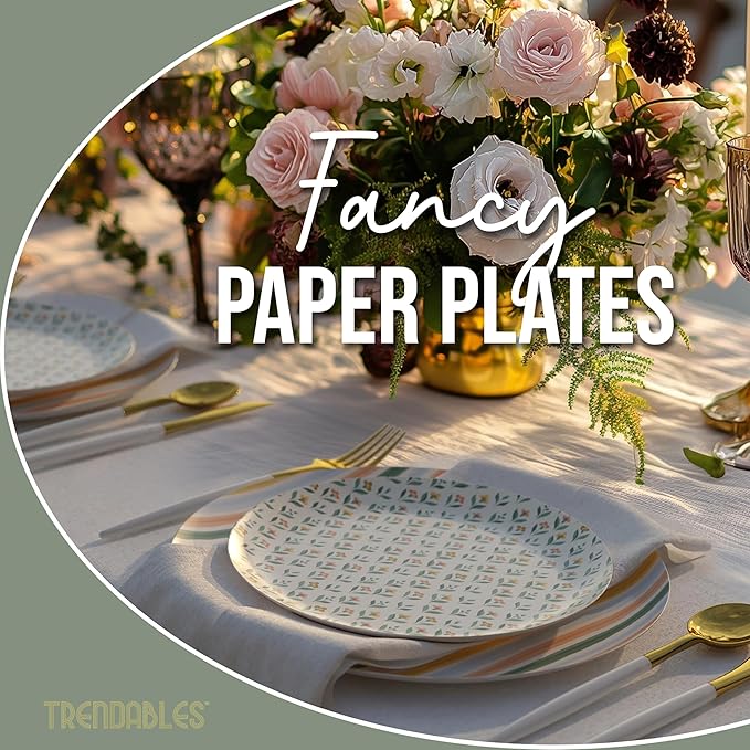 Trendables Heavy Duty Paper Plates Set For 16 Guests - 16 Each Of 8-inch And 10-inch Disposable Plates For Party - Fancy 32 Piece Dinnerware Set For All Occasions | Floral Design, Folk