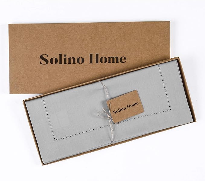 Solino Home Cotton Linen Light Grey Table Runner 72 Inches Long - Hemstitch Table Runner 14 x 72 Inch for Dresser, Dining, Fall, Autumn, Halloween, Thanksgiving, Christmas, Holiday