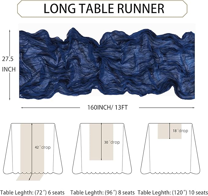 Snowkingdom 6PCS 13Ft Navy Blue Cheesecloth Table Runner, 160inch Long Cheese Cloth Boho Gauze Runner for Wedding Bridal Baby Shower Birthday Holiday Party Sheer Table Decorations