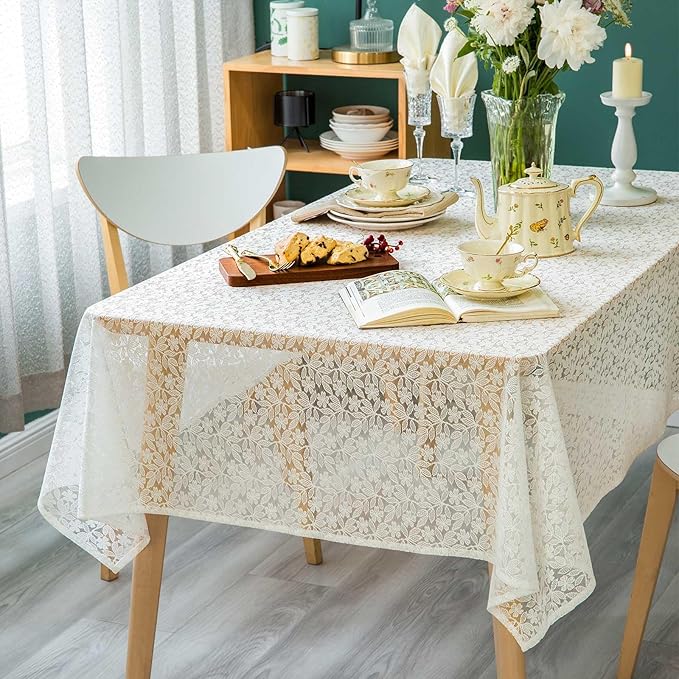 Lace Tablecloth Leaf Pattern Warp Knitting Fabric Solid White Rectangle/Oblong Table Cover for Kitchen Dining Farmhouse Wedding Party Decor Ivory, 55x84 Inch