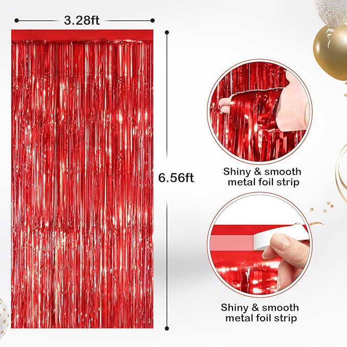 2 Pack Red Metallic Tinsel Foil Fringe Curtains, Door Streamers Photo Booth Backdrop for Birthday Party, Tinsel Curtain Backdrop for Baby Shower Bachelorette Christmas Party Decorations