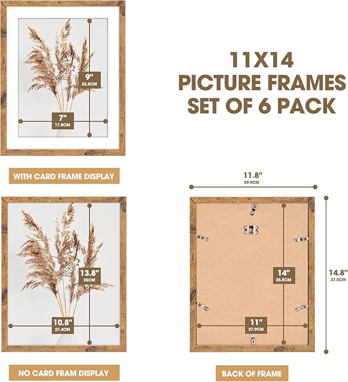 TWING 11x14 Picture Frames Set of 6,Display Photos 8x10 with Mat or 11x14 without Mat,Home Decorative Wall Gallery Picture Photo Frame Wood Brown,Walnut