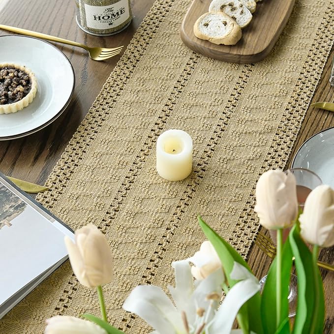 Artoid Mode Burlap Brown Farmhouse Woven Rustic Hollow Table Runner, Seasonal Holiday Hollow Kitchen Dining Table Decoration for Home Party Decor 12x48 Inch