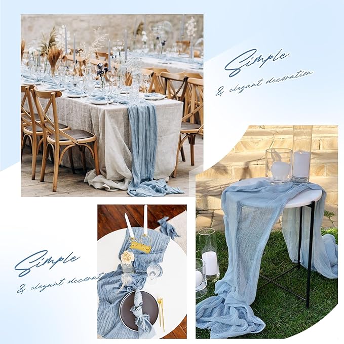 Aktor 4 Pack Dusty Blue Table Runner Boho Cheesecloth Table Runner Semi Sheer Gauze Fabric Runners for Wedding Birthday Baby Shower Party Boho Table Decoration（Dusty Blue）