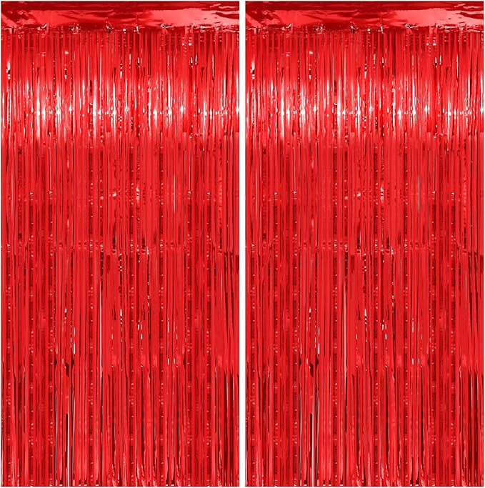 Christmas Decorations Red Streamers - Thicken 2 Pack 3.2 x 8.2 FT - Red Tinsel Foil Fringe Curtains Party Backdrop for Birthday, Casino, Carnival, Cherry, Hollywood Red Carpet Party Decorations