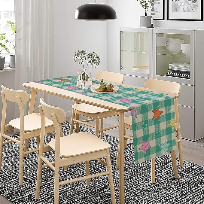 Starfish Plaid Table Flag Green Plaid and Marine Life Starfish Kitchen Table Flag Suitable for Birthday Party Restaurant Decoration Outdoor Picnic 13 * 60 Inch