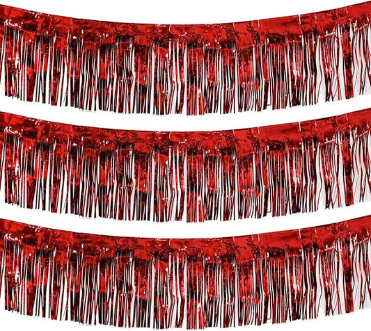 Thick 10 Feet by 15 Inch Red Foil Fringe Garland - Pack of 3 | Shiny Metallic Tinsel Banner for Parade Floats, Bridal Shower, Wedding, Birthday, Christmas | Wall Hanging Drapes (3)